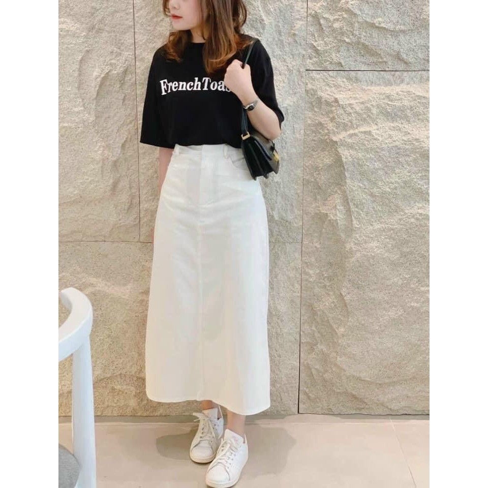 Set bộ nữ áo phông cộc tay FRENCH phối chân váy kaki chữ A dáng dài/ Chân váy suông kèm áo thun tay lỡ dáng rộng unisex | BigBuy360 - bigbuy360.vn