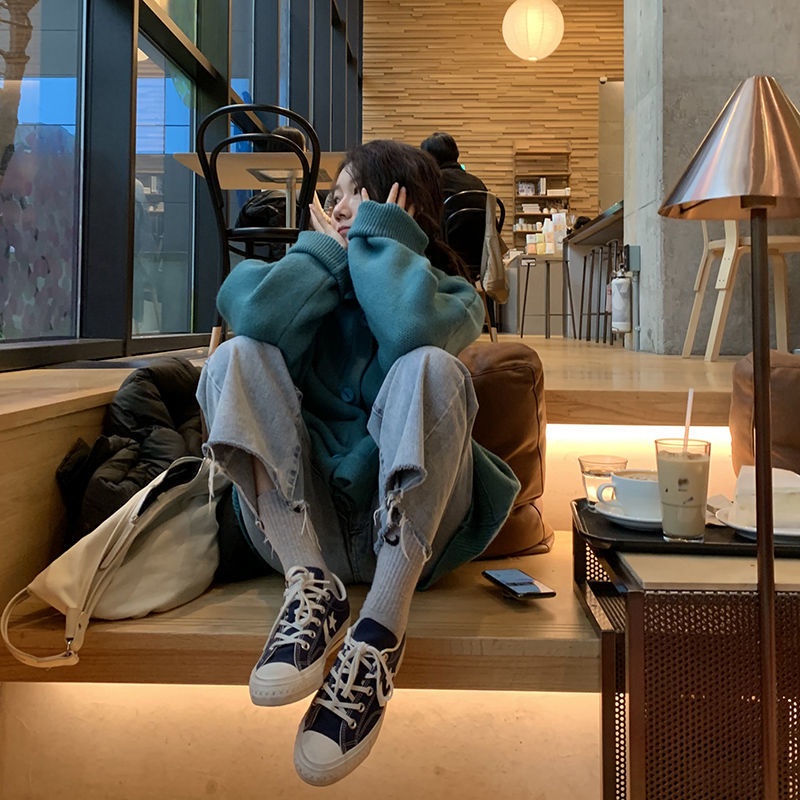 Áo khoác cardigan dệt kim dày dáng rộng phong cách retro Hàn Quốc mới