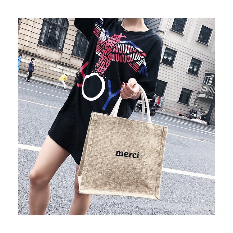 Túi tote cói Merci loại 1 size to Enjoy The Little Things vintage đeo vai chéo đi biển màu nâu trơn iLita