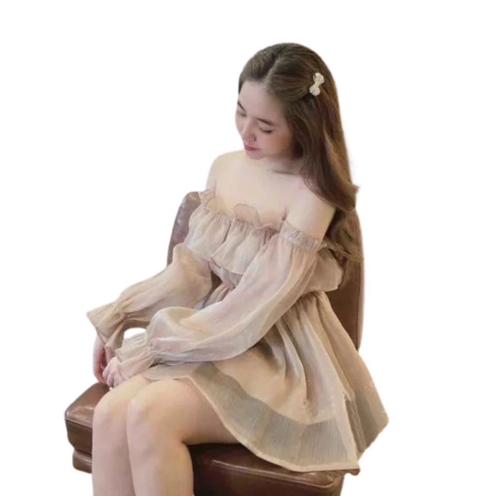 Váy Nữ Trễ Vai Tay Dài Bồng Dáng Xòe Tiểu Thư Style Hàn Quốc 3 Màu Đen Trắng Kem