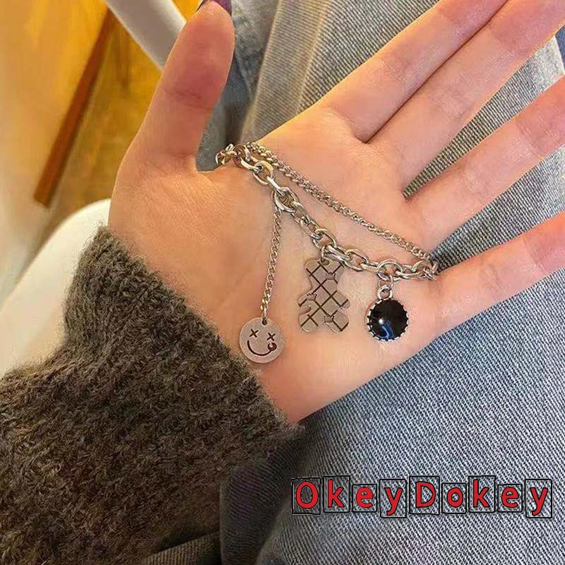 Dây chuyền dáng ngắn hai lớp mặt hình gấu hoạt hình và mặt cười phong cách đơn giản thời trang dành cho nữ