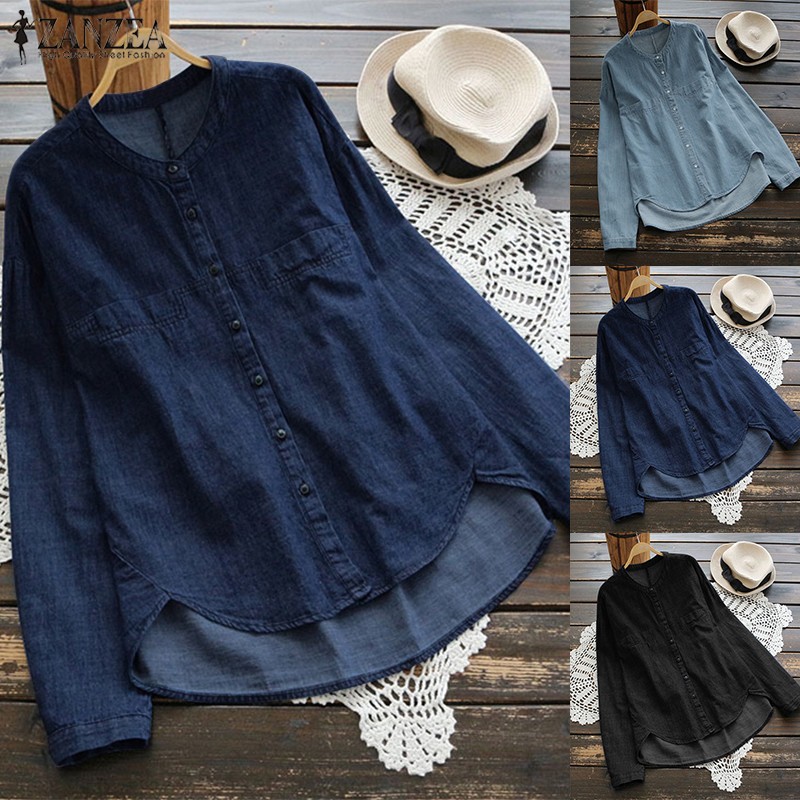 ZANZEA Phụ nữ Thường Cổ tròn Nút xuống Áo sơ mi dài tay denim