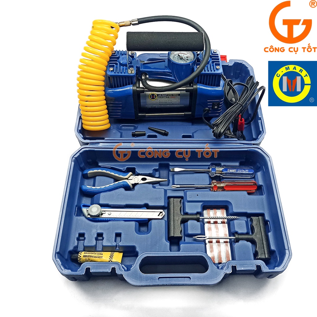 Bộ bơm lốp và dụng cụ vá săm chạy ắc quy 2 xi lanh 60 lít/phút áp 10.5kg/cm² C-MART S0025