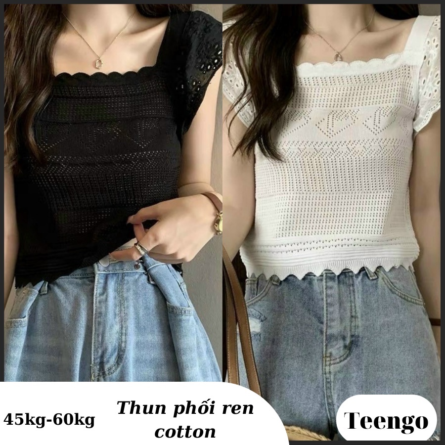 Aó thun phối ren cotton tay cánh tay tiên