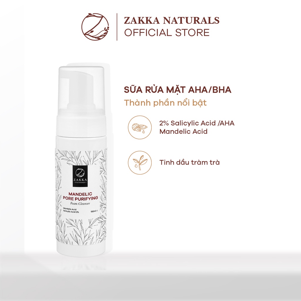 Sữa Rửa Mặt AHA BHA Zakka Naturals Làm Sạch, Ngăn Ngừa Mụn Mandelic Pore Purifying Foam Cleanser 150ml