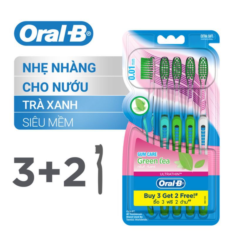 Bàn chải đánh răng Oral B tinh chất trà xanh lông tơ siêu mềm  Vỉ 5 cây/ Vỉ 3 cây