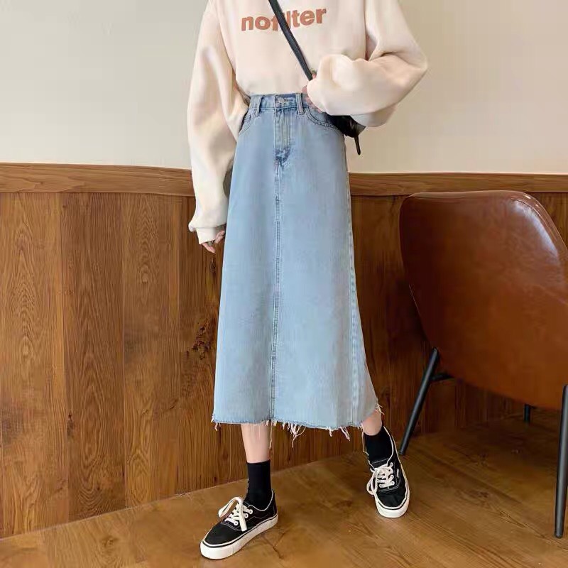 Chân váy nữ cạp cao, chân váy midi tua gấu xẻ sau phong cách_A10