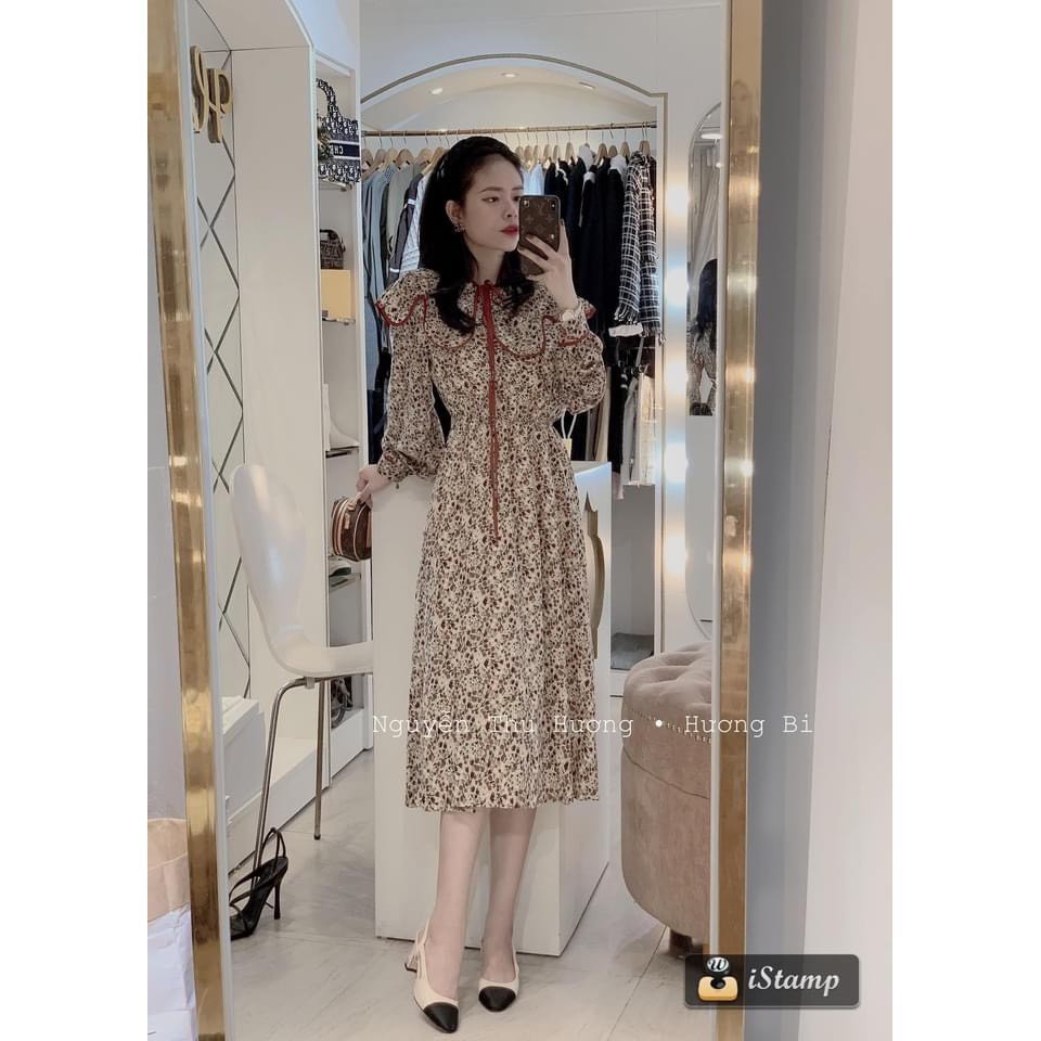 Váy Xòe Tay Phồng Dáng Dài, Đầm Cổ Bèo ( có thể tháo rời ) dài Họa Tiết Hoa Nhí Eo Chun Tay Bồng Style Tiểu Thư Hàn Quốc