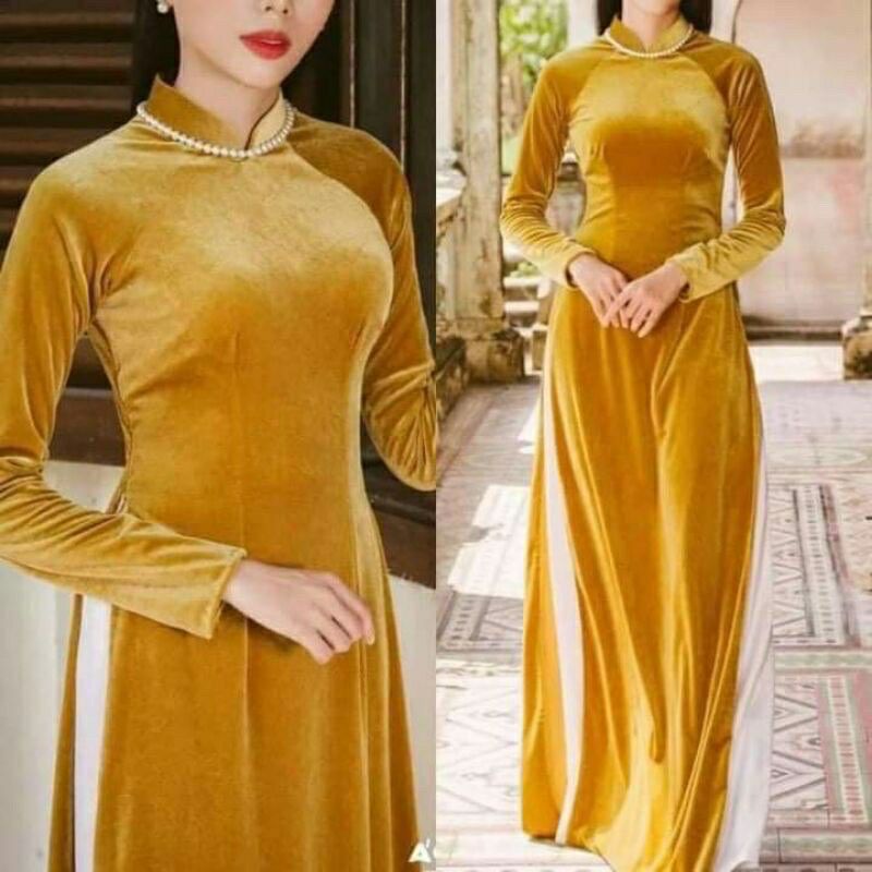 Áo Dài nhung trơn đủ màu truyền thống vải nhưng dày loại 1