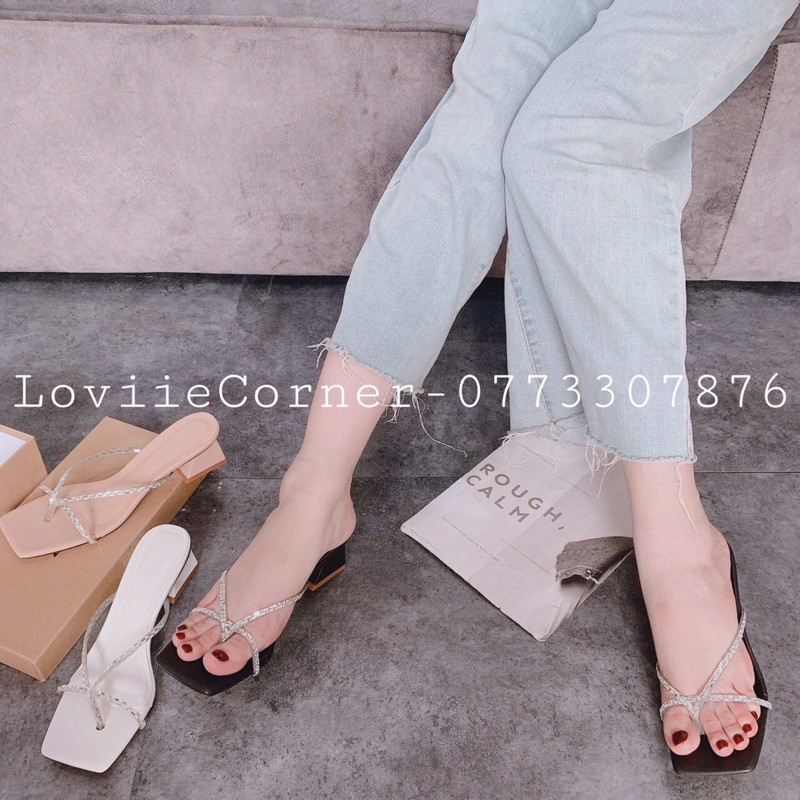 DÉP CAO GÓT LOVIIECORNER - GUỐC NỮ QUAI MẢNH ĐÍNH ĐÁ - DÉP CAO GÓT ĐẾ VUÔNG 5 PHÂN -GUỐC XỎ NGÓN ĐÍNH ĐÁ D201271 D210139