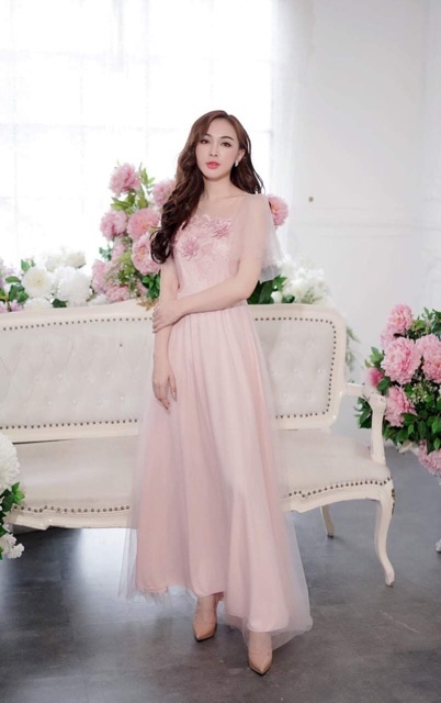 Đầm maxi dự tiệc mặc cưới tay ngắn kết hoa nổi TRIPBLE T DRESS - size M/L (kèm ảnh/video thật)MS34V
