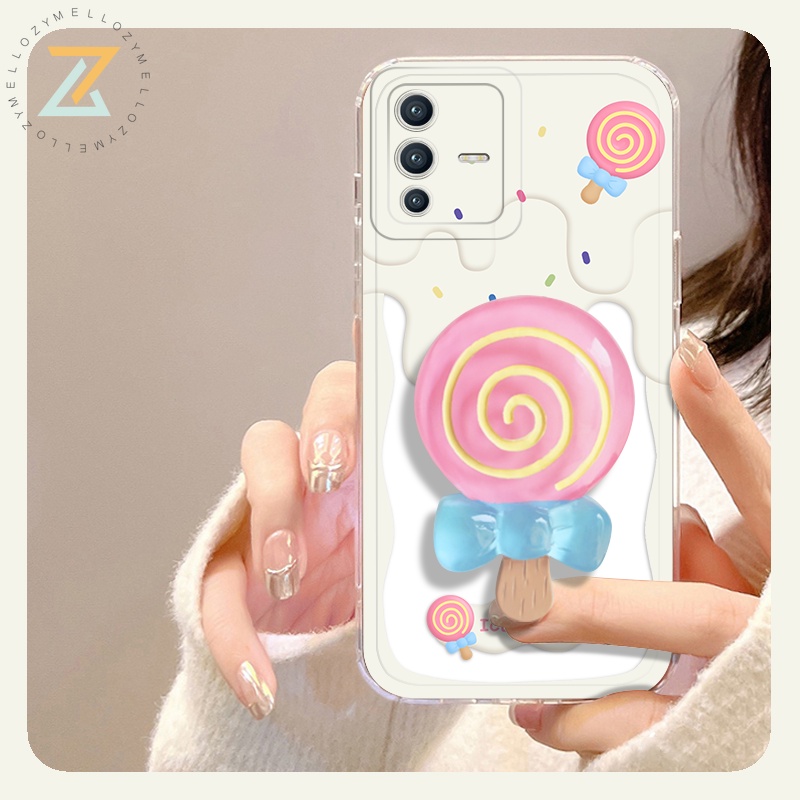 Zymello Ốp lưng OPPO A74 A3S A5 A76 A94 A96 A53 A95 F11 Pro F9 F7 F5 Reno 5 5G Reno 6 5G Reno 7 5G Reno 4 4G Hộp đựng điện thoại silicon hình kẹo mút dễ thương (Có đế)