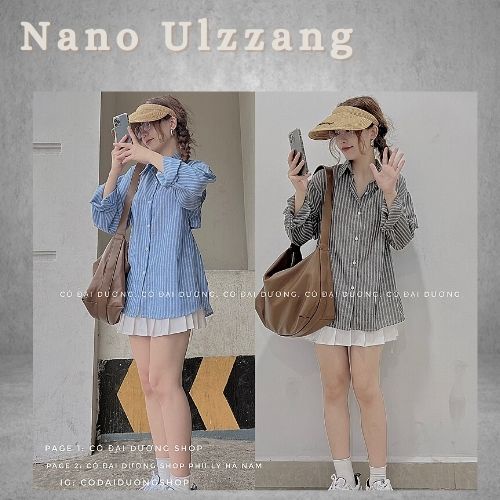 Áo sơ mi dài tay kẻ sọc khoét lưng / Áo công sở cổ bẻ form rộng hai màu xanh,đen phong cách Hàn Quốc_nanoulzzang