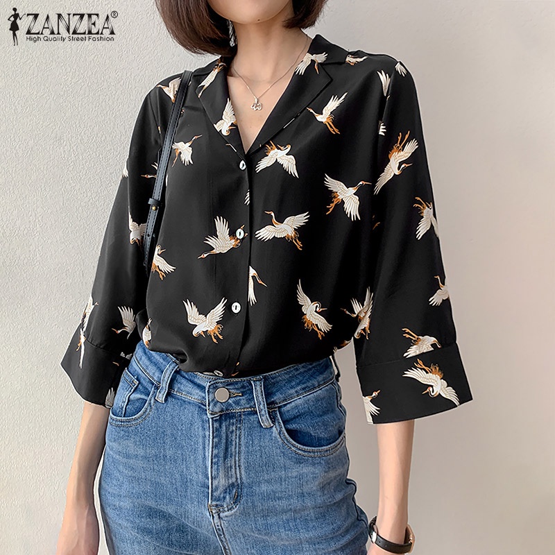 ZANZEA Áo Sơ Mi Tay 3/4 In Họa Tiết Chim Hạc Màu Trắng Thời Trang Phong Cách Hàn Quốc Cho Nữ