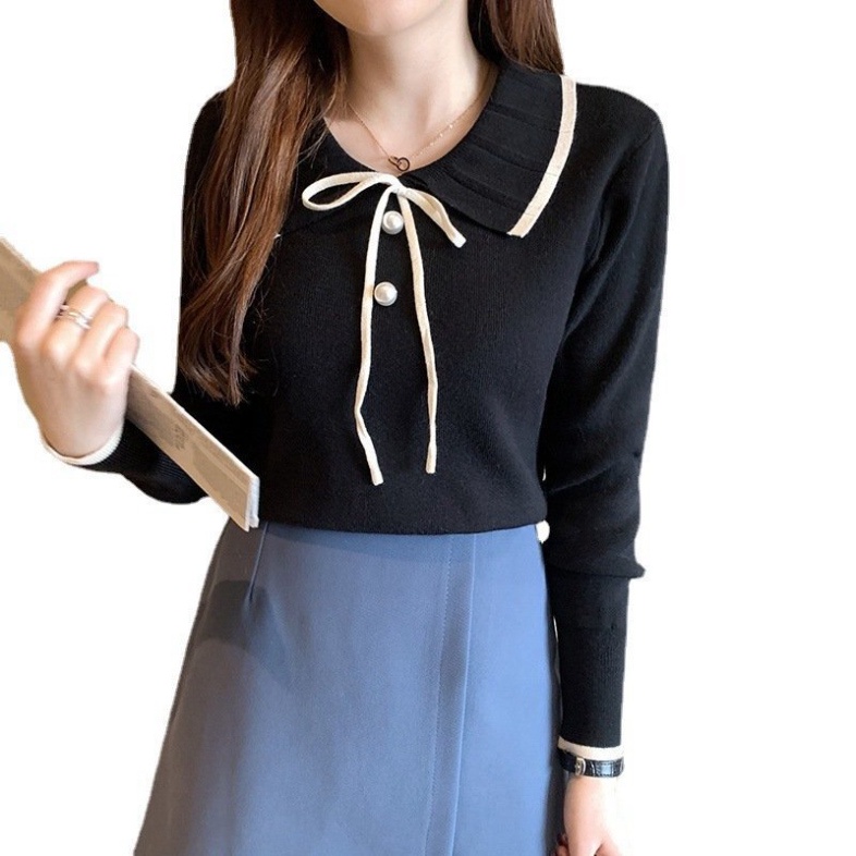 Áo len nữ LUHAZO cổ bẻ tay dài thắt nơ công sở kiểu Hàn Quốc chất đẹp màu basic F-2