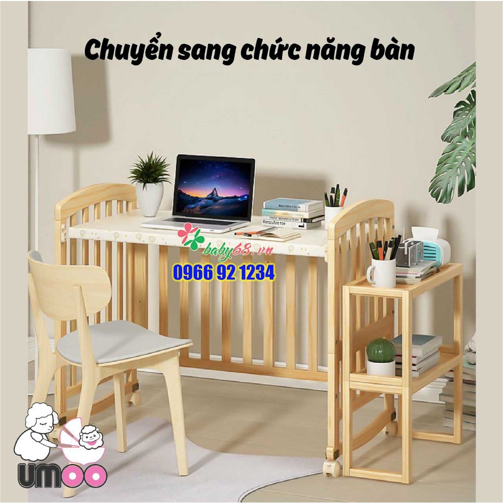 Cũi gỗ cho bé Umoo UM-08136 UM-08137 đa năng - Làm quây cũi, giường gỗ, bàn học, bập bênh cho bé
