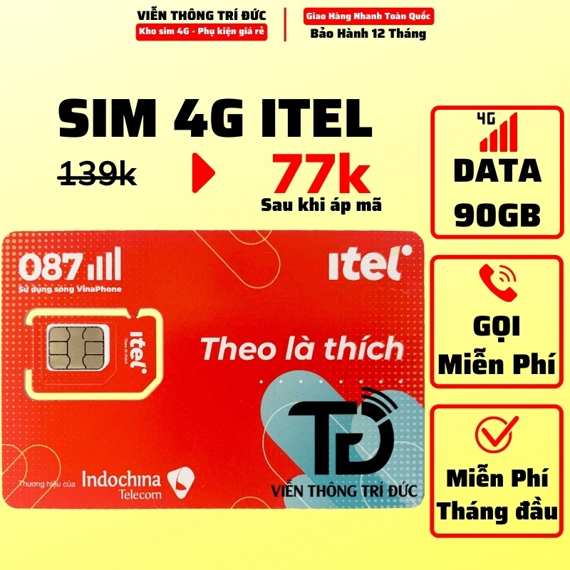 Sim 4G iTel Mạng Vinaphone Data 90Gb/Tháng, Gọi Miễn Phí VinaPhone, Free 60 tin nhắn, Ưu đãi khủng, Giá siêu rẻ