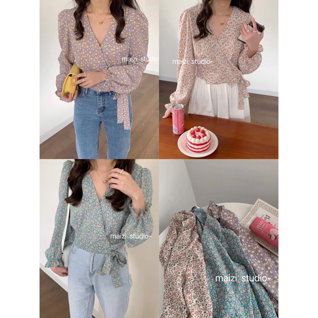 Áo Hoa Nhí Vạt Chéo Buộc Nơ Xinh Xắn! Ulzzang style Hàng Quảng Châu