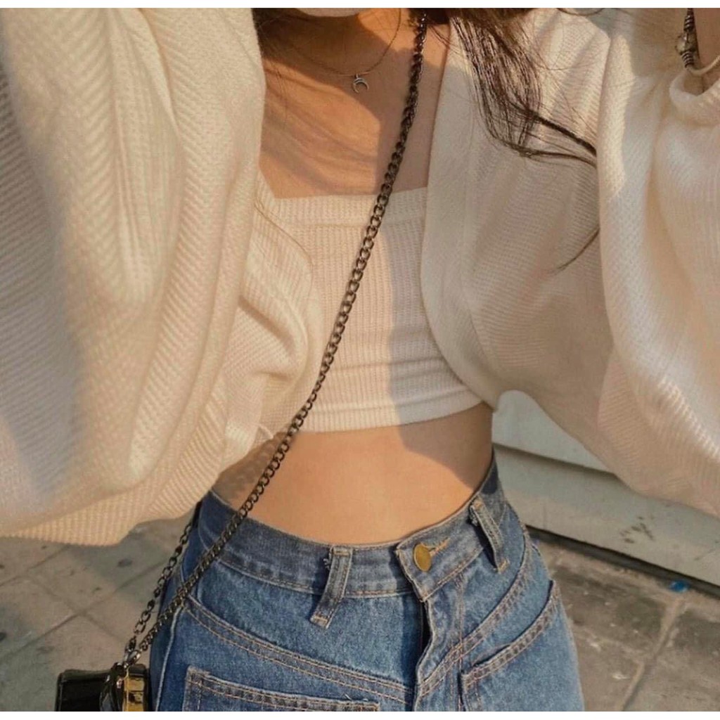 [ RẺ NHẤT ] Set áo 2 dây croptop kết hợp áo khoác tay phồng màu trắng