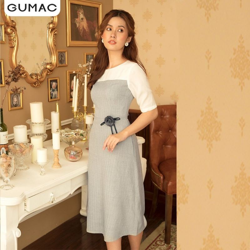 Đầm xám phối tay màu trắng Gumac kèm phụ kiện hoa cài siêu xinh DA10137 size L có túi