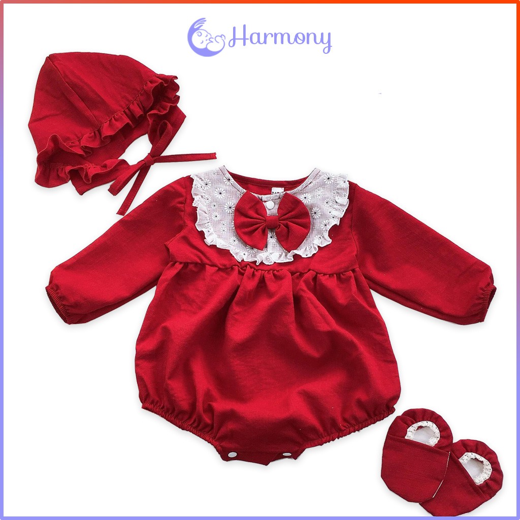 Set 3 món bodysuit body chip cho bé gái từ 3 6 9 12 tháng thôi nôi 2 tuổi kèm nón và giày vải màu đỏ đô