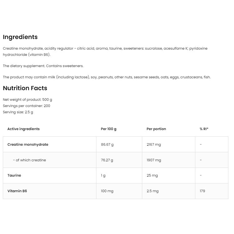 Creatine Monohydrate, Giúp Tăng Sức Mạnh, Sức Bền, OstroVit Creatine Monohydrate 500g (100 lần dùng)