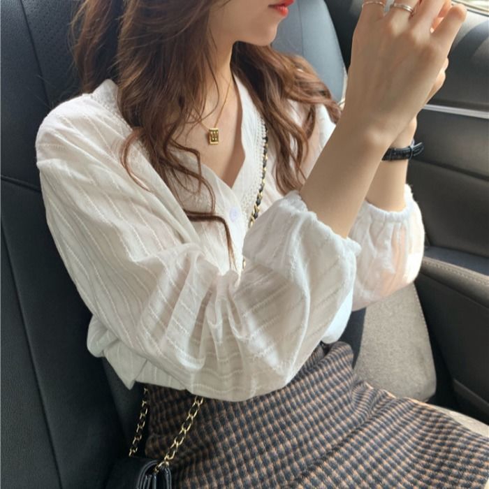 Áo sơ mi tay dài cổ chữ V thời trang thanh lịch cho nữ