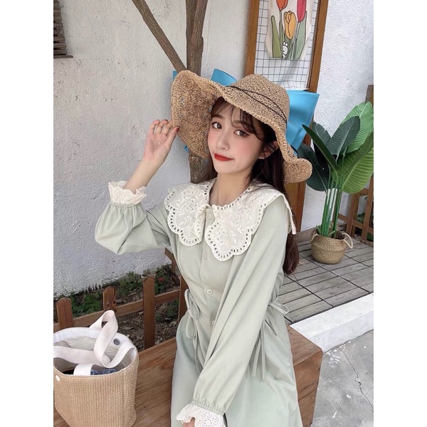 Váy/đầm thu dong xanh mint viền cổ ren trắng xinh xẻo xẻ tà