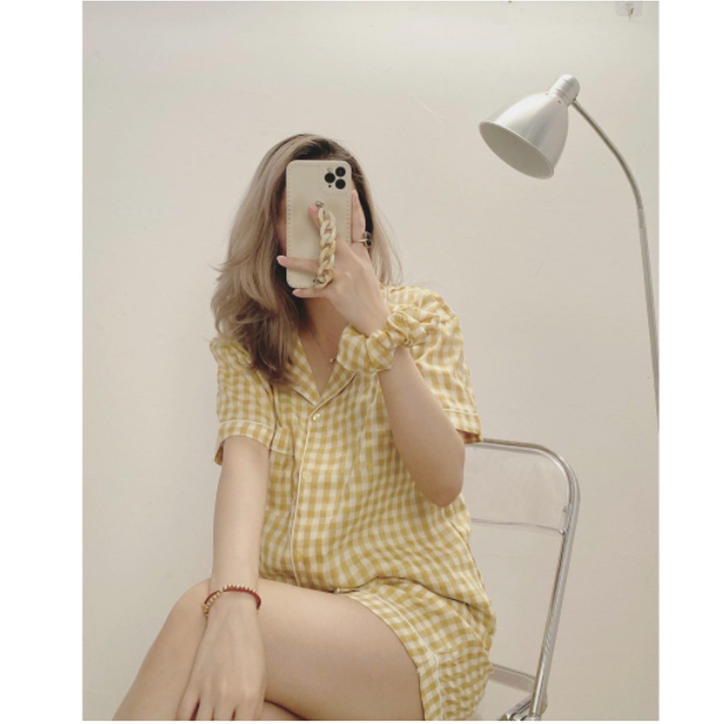 Set Pizama kẻ caro kèm scrunchies siêu xinh, Bộ đồ kẻ kèm chun buộc tóc S510, mặc đi chơi mặc ở nhà đẹp dáng tôn da | BigBuy360 - bigbuy360.vn