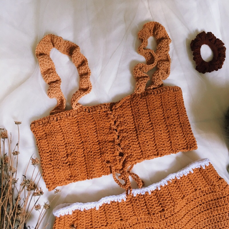 Set Croptop Chân Váy Len Móc - Chân Váy Len - xanhlanhes
