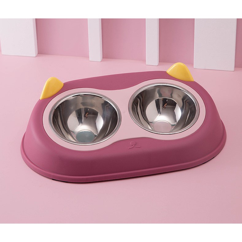 chén đôi inox mặt mèo cho chó mèo