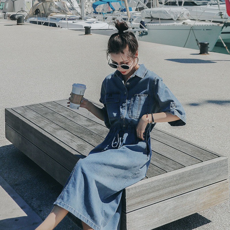 Đầm Denim Tay Lửng Dáng Dài Qua Gối Thời Trang Cho Nữ