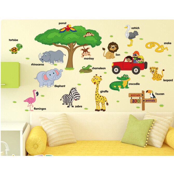 Decal dán tường hình các con vật kèm tiếng anh