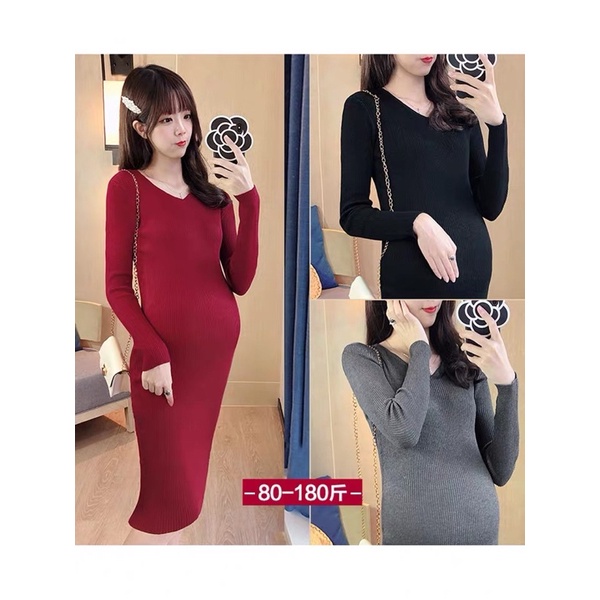 váy bầu cổ tim dài tay dáng rộng vải len tăm xẻ tà