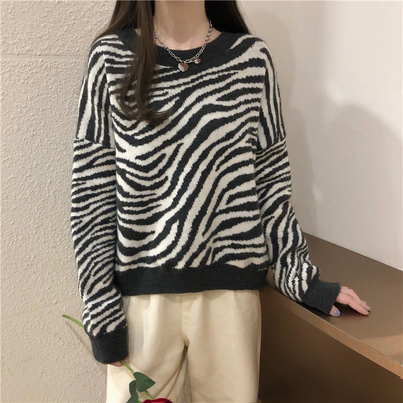 Áo Sweater Nữ Dáng Rộng In Họa Tiết Ngựa Vằn Thời Trang Mùa Thu Hàn Quốc Mới