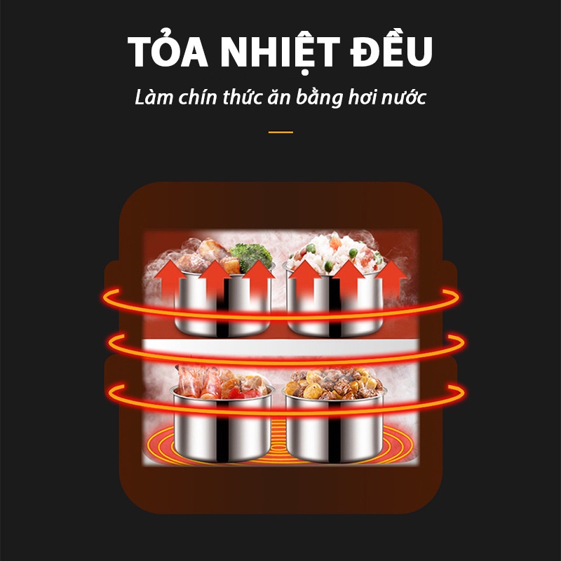 Hộp Cắm Cơm Cắm Điện Văn Phòng BUCOOK 2 Tầng 4 Bát Inox Có Chức Năng Làm Nóng Và Nấu Chín Đồ Ăn