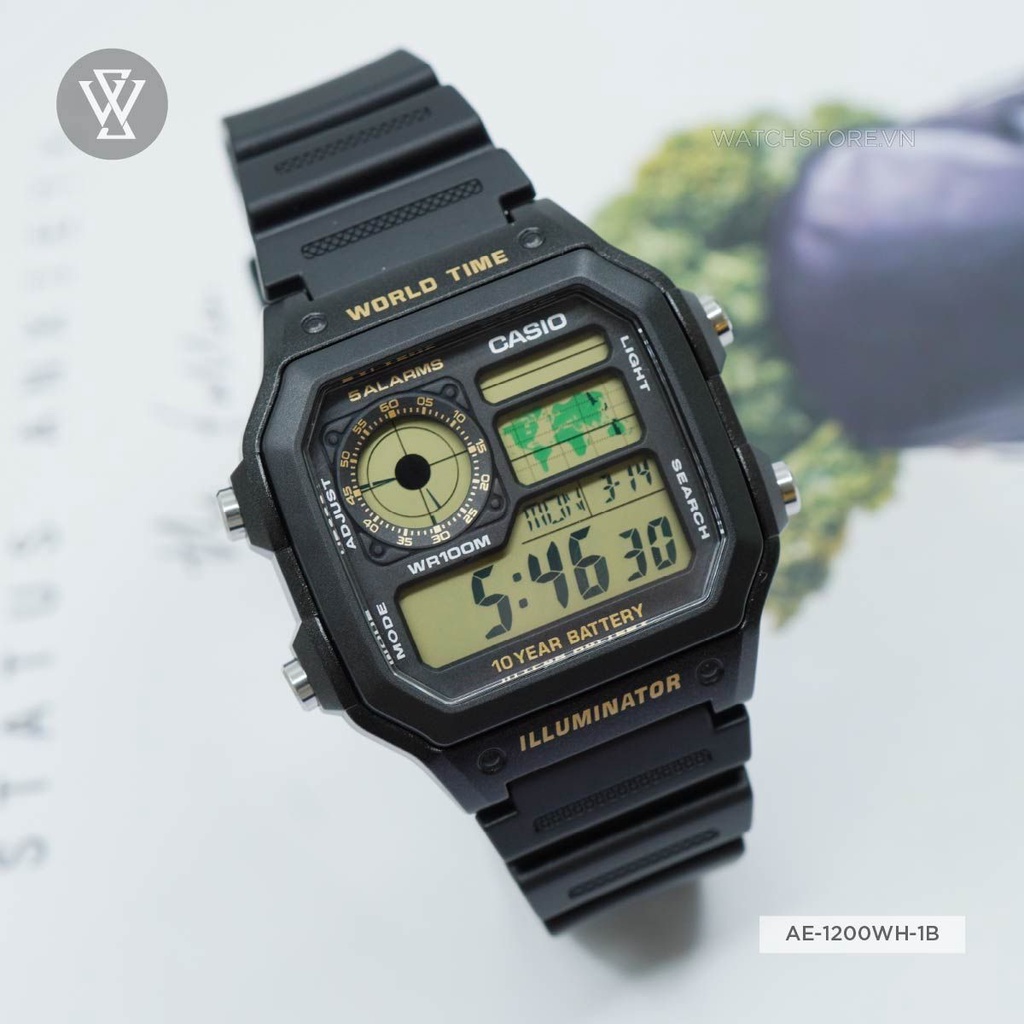 Đồng Hồ Điện Tử Nam Casio WATCHSTORE AE-1200WH-1BVDF Thiết Kế Mặt Kính Vuông 42mm Kèm Dây Đeo Nhựa Tiện Lợi