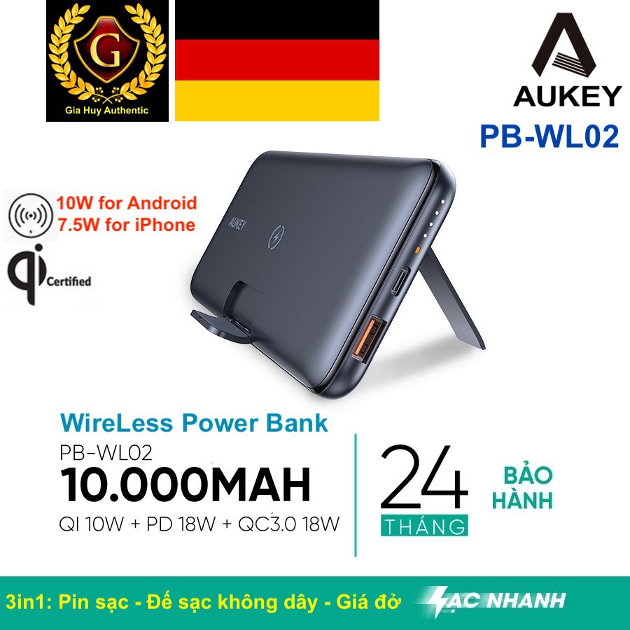 Sạc Dự Phòng Aukey PB-WL02 10.000mAh, Power Delivery 18W, QC 3.0, Không Dây Qi 10W, Tích Hợp Giá Đỡ - Hàng Chính Hãng