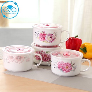 Ly Ăn Mì Sứ Họa Tiết Hoa Văn Có Nắp Đậy Chân Không Tiện Dụng