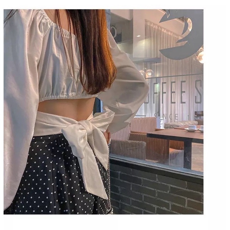 Áo hở lưng nơ tay phồng mùa hè áo Croptop cổ vuông xếp li thời trang