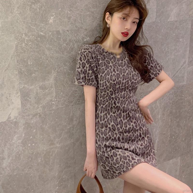 Đầm Nữ Tay Ngắn Dáng Rộng Họa Tiết Da Báo Phong Cách Hàn Quốc
