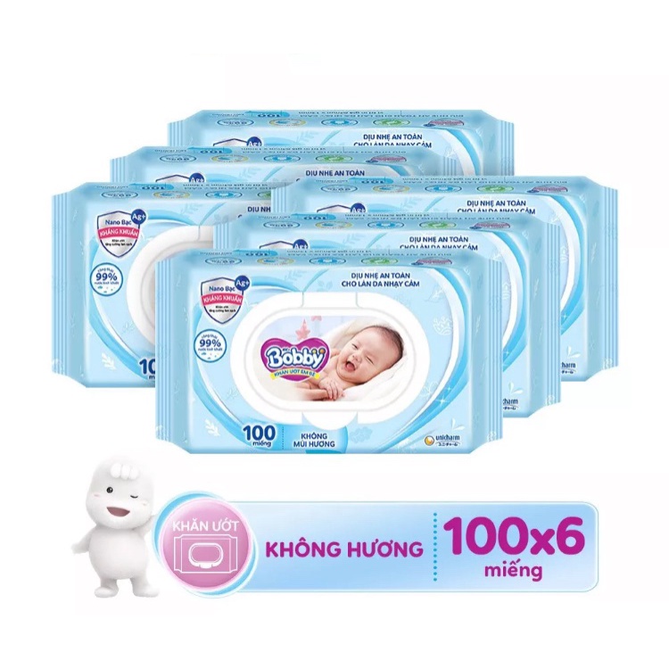 Combo 6 gói Khăn Ướt Bobby Care Không mùi/ có hương 100 tờ