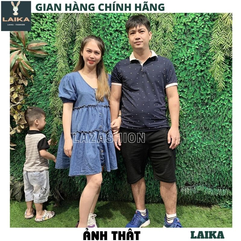 Váy jeans bò babydoll cổ v kiểu dáng hàn quốc xòe bồng siêu xinh dễ thương kute -LAIKA