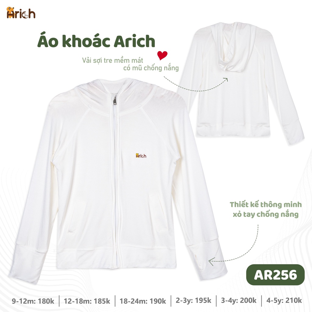 Áo khoác khóa kéo cho bé có mũ trắng Arich mùa hè
