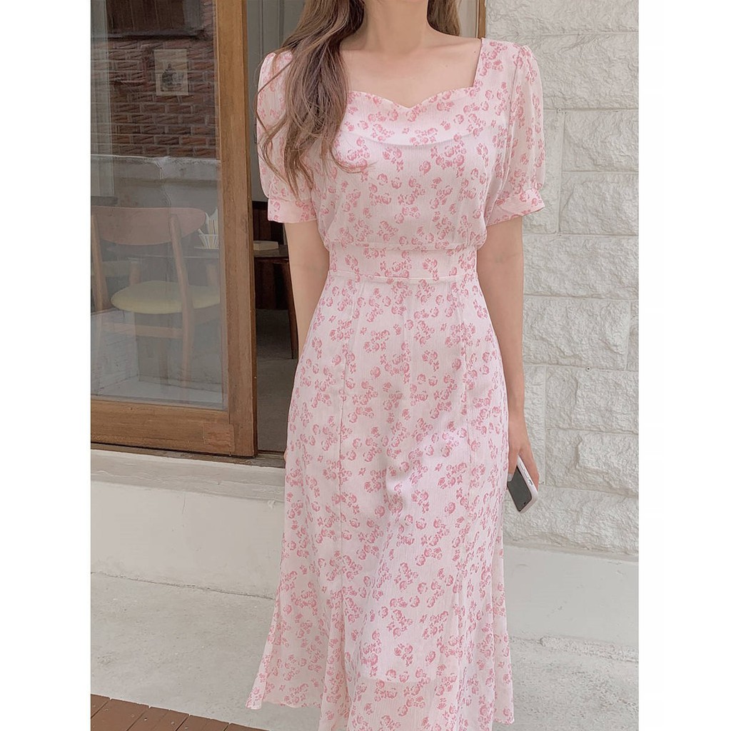 Đầm Voan Hoa Cổ Vuông Thắt Dây Thời Trang Mùa Hè Hàn Quốc Mới 44662