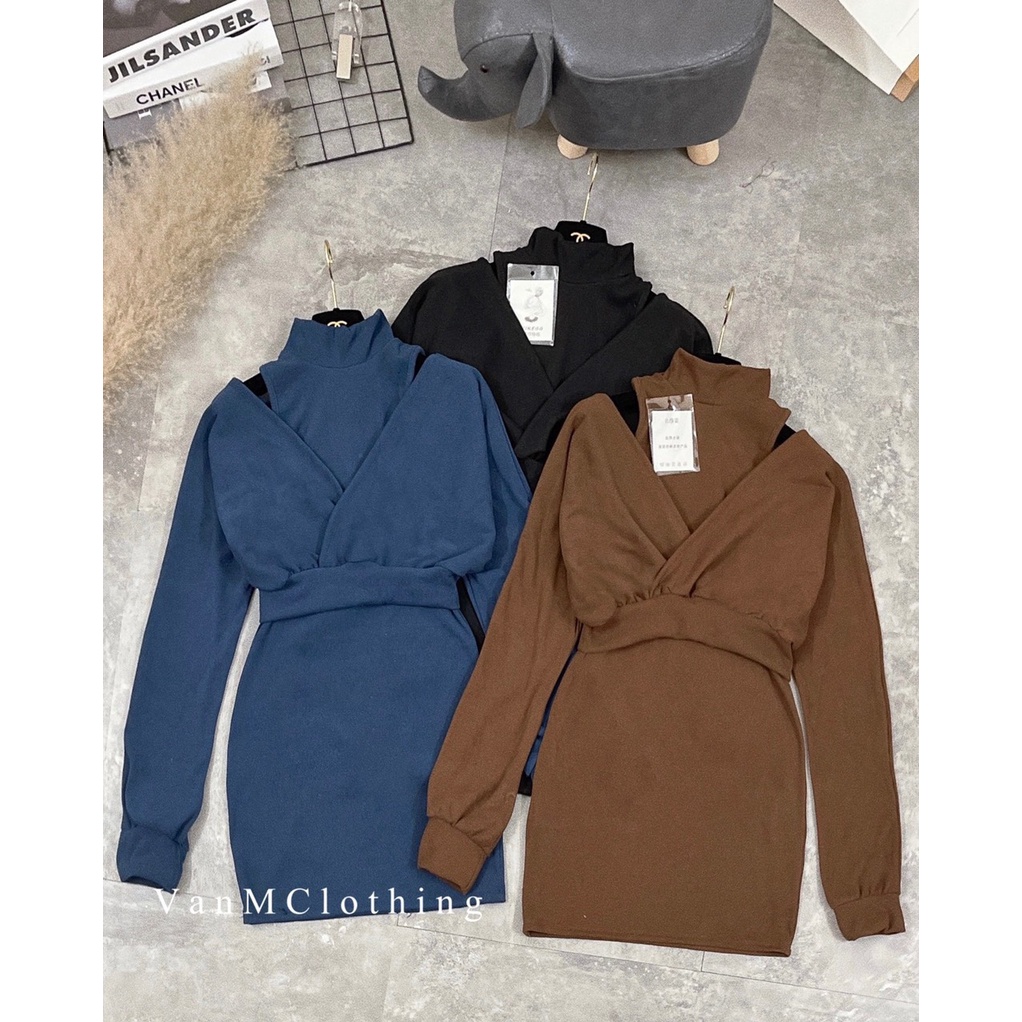 Set váy tăm nhung 2 món cổ 3 phân sexy