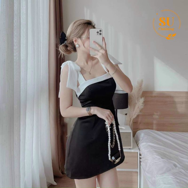 Đầm xòe phối màu cột nơ vai sang chảnh