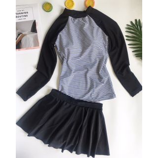 Bikini tay dài phối sọc váy xoè