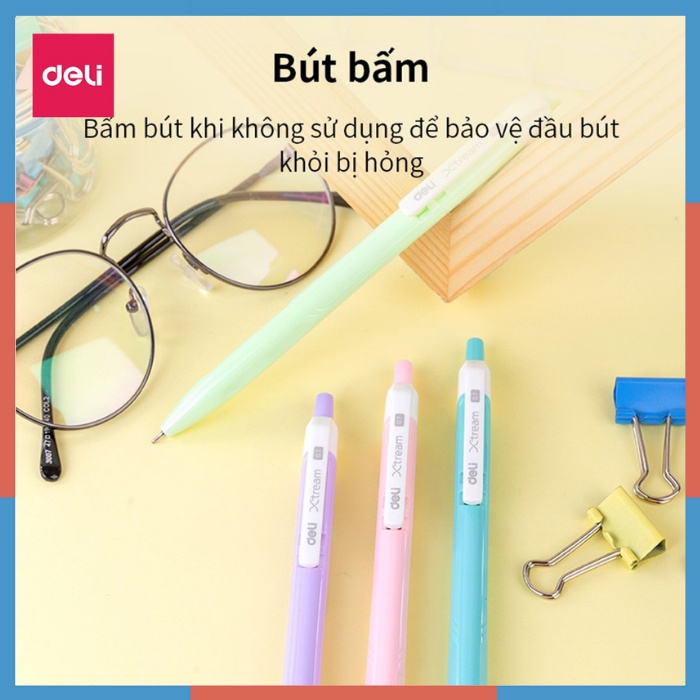 Bút bi bấm văn phòng mực xanh ngòi 0.7mm Deli giá rẻ viết nét đều trơn tru phù hợp cho học sinh 3336