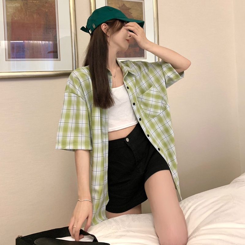 SUXI Áo Sơ Mi Tay Ngắn Dáng Rộng Họa Tiết Sọc Caro Màu Xanh Lá Nhạt Thời Trang Mùa Hè Phong Cách Vintage Cho Nữ
